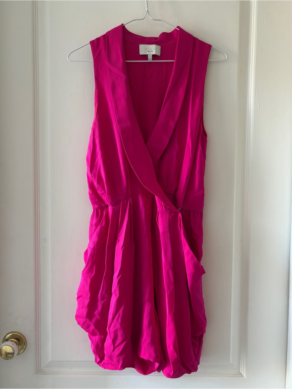 Iconic ADAM lippes silk tuxedo romper in bright fuchsia pink